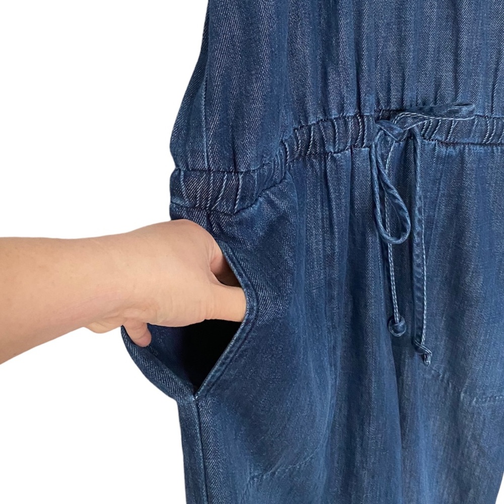 Cloth & Stone Bella Dahl Denim Wide Leg Jumpsuit Raw Hem High Neck Halter Romper - Picture 6 of 15